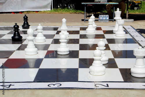 фотографія Large chess set laid out on the ground for play.