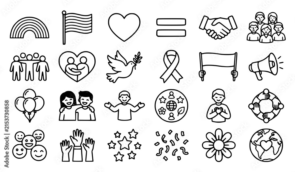 Fototapeta premium Collection of hand drawn social icons featuring people friendship equality love support diversity and global symbols