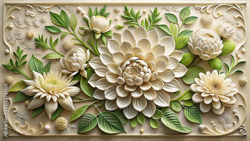White and green floral pattern with intricate details