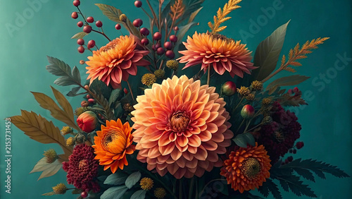 Vibrant autumn bouquet of pink and orange dahlias with berries in soft natural light