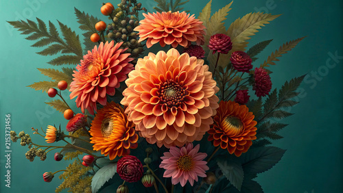 Vibrant autumn bouquet of pink and orange dahlias with berries in soft natural light