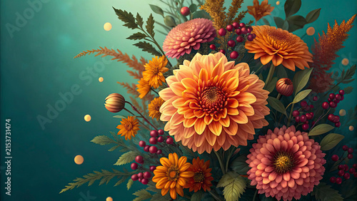 Vibrant autumn bouquet of pink and orange dahlias with berries in soft natural light