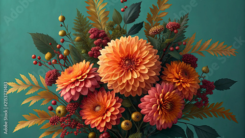 Vibrant autumn bouquet of pink and orange dahlias with berries in soft natural light