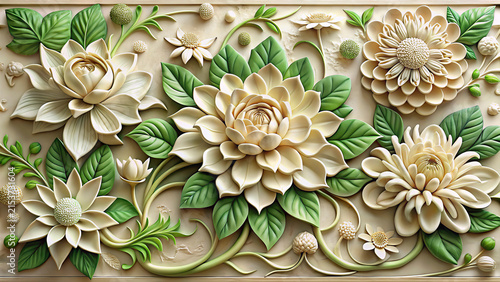 White and green floral pattern with intricate details