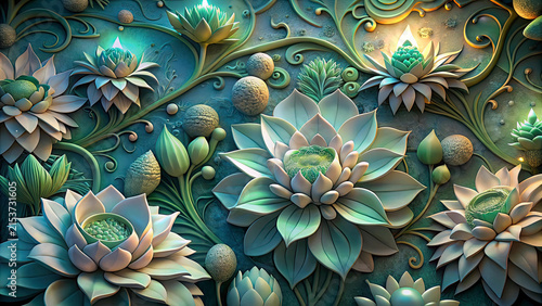 White and green floral pattern with intricate details