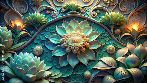 White and green floral pattern with intricate details