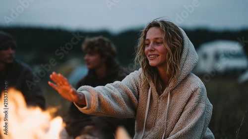 Woman and friends sitting around campfire at dusk. Young caucasian woman smiling and extending hand toward flames in camping sequence. Outdoor bonding and nature relaxation