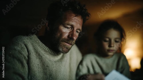 Father and daughter sharing a tender moment at home. Man and girl bonding in warm lamplight. Cozy family interaction and quiet connection concept.