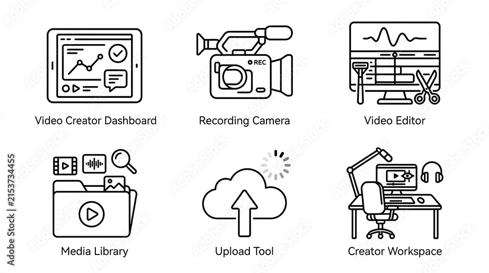 Fototapeta premium Video Production and Content Creator Workflow Line Icon Set