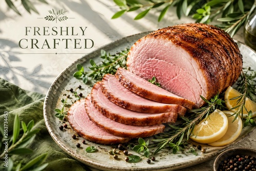 Gourmet glazed roasted ham served with beautifully arranged slices, fresh rosemary, herbs, lemon wedges, peppercorns, and rustic table styling.