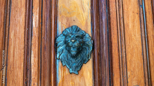 Vintage metal lion head door knocker mounted on an antique wooden door