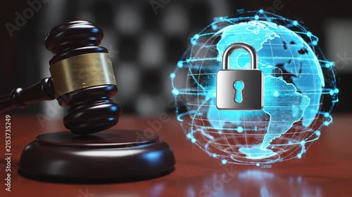 A wooden gavel beside a glowing digital globe with a padlock. Concept of global cybersecurity laws and digital privacy.	
