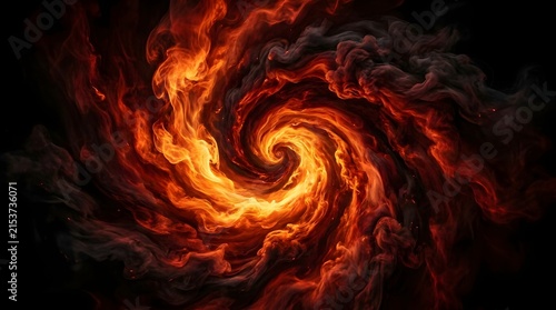 Fiery orange vortex of smoke and flames on black for powerful designs.