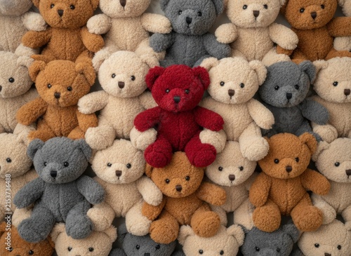 One red teddy bear standing out among many brown, beige, and gray teddy bears, arranged in a dense, uniform pattern, viewed from directly above, concept of individuality and standing out