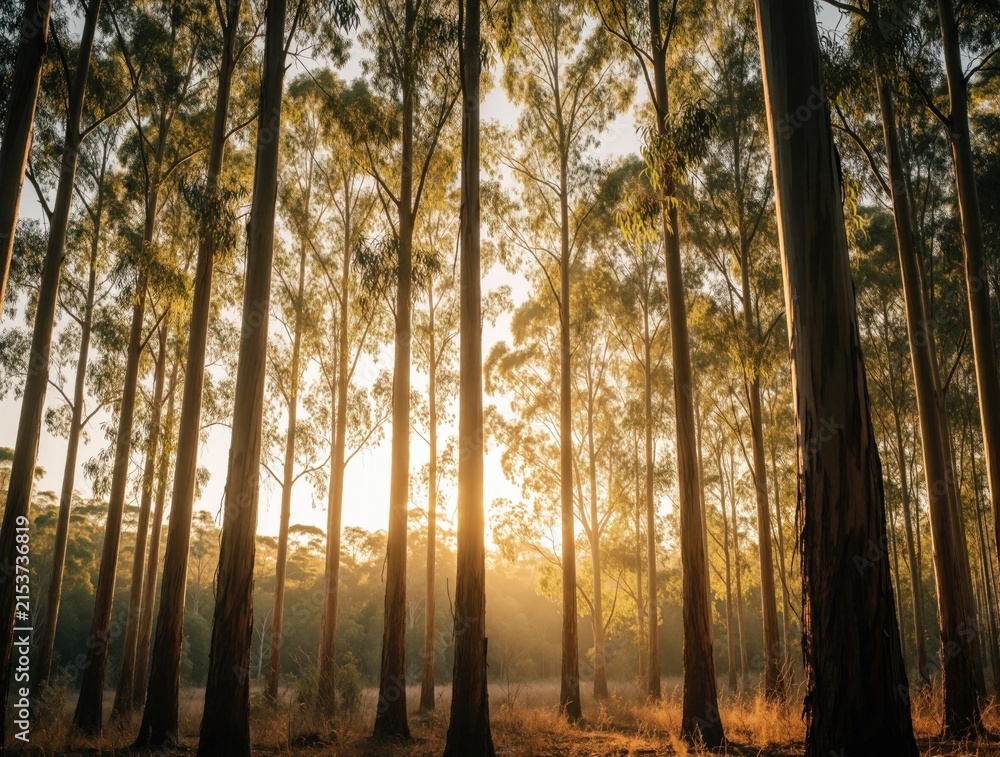Fototapeta premium Tall eucalyptus trees stand in forest during golden hour. Warm sunlight shines through tree trunks, branches. Sunbeams light up woodland landscape at sunset. Peaceful nature scene with many slim