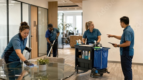 Team of cleaning workers performing office maintenance. Woman janitor wiping table while man supervisor instructs staff. Commercial janitorial service company employee with equipment.