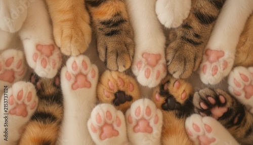 Close-up of many fluffy cat paws with pink toe beans, concept of comfort and companionship