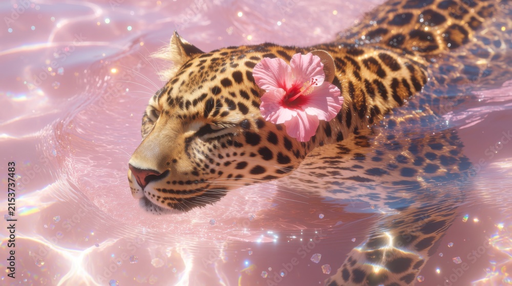 Obraz premium Surreal artistic image of a leopard swimming in vibrant pink water with a tropical pink flower behind its ear, dreamy summer relaxation concept.
