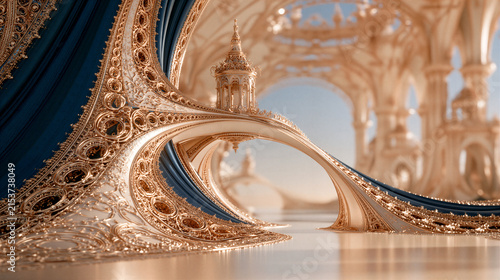 Ornate Golden Filigree Arches Inside a Surreal Palace