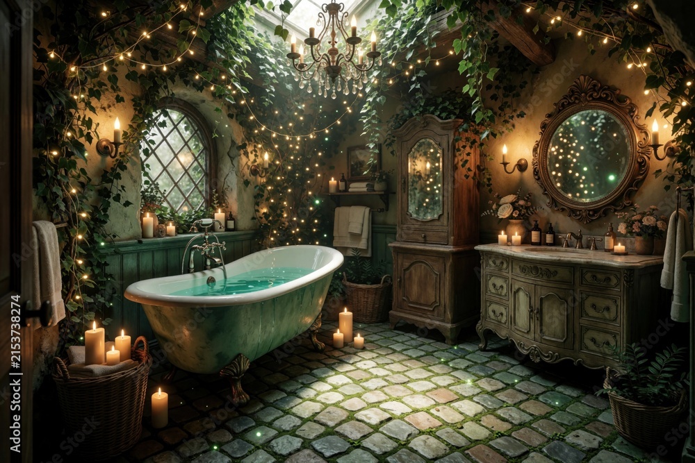 Fototapeta premium Whimsical fairy tale bathroom features vintage clawfoot tub under glowing fairy lights. Rich green vines cover stone walls, wooden furniture. Romantic candlelit atmosphere creates magical enchanted