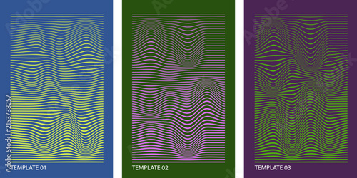 Modern abstract vertical posters featuring vibrant wavy line patterns in blue, green, and purple for contemporary digital graphic design
