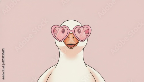 Cute cartoon white goose wearing pink heart-shaped sunglasses and smiling happily, funny character illustration isolated on pastel pink background.