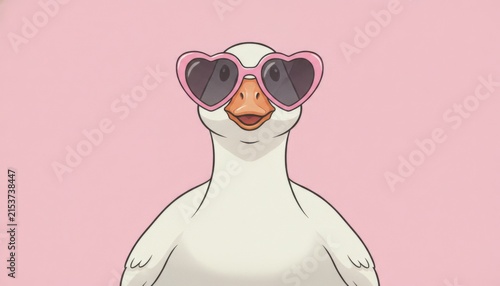 Cute cartoon white goose wearing pink heart-shaped sunglasses and smiling happily, funny character illustration isolated on pastel pink background.