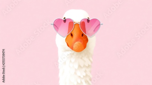 Close-up 3D render of a funny white goose wearing pink heart-shaped sunglasses, realistic feather texture and cute humorous expression on pastel pink background.
