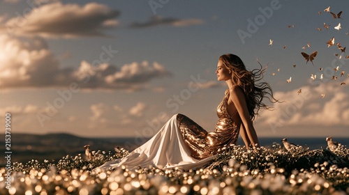 Young Woman in Gold Gown with Butterflies in Coastal Meadow at Sunset