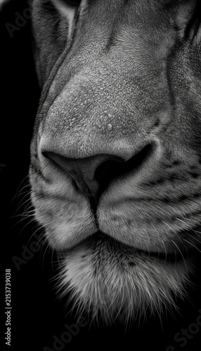 Dramatic black and white macro close-up of a lion's muzzle, highlighting rough skin texture, whiskers, and dark nose against a deep black background.