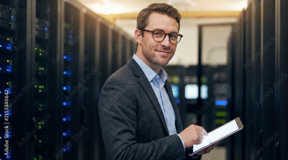 Fototapeta premium Professional it technician monitoring server performance with a digital tablet in a modern data center
