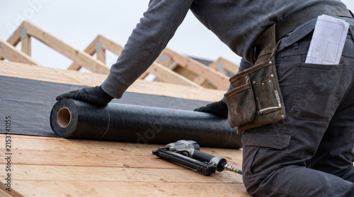 Construction worker installing roofing felt underlayment on a wooden roof deck with a pneumatic nail gun at a residential building site