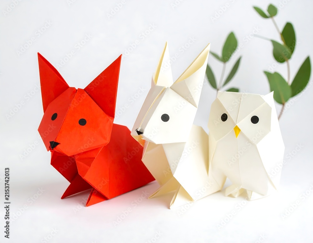 Fototapeta premium Three origami paper animals fox rabbit and owl on white background