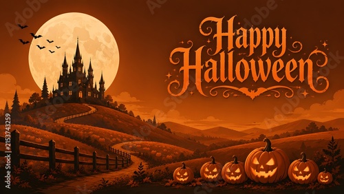A spooky halloween landscape illustration featuring a dark haunted castle under a full moon with glowing carved jack o lanterns