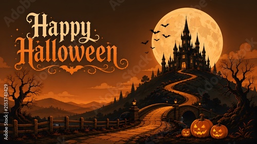 A spooky halloween background featuring a haunted castle on a hill under a large full moon with carved pumpkins
