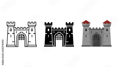 Obraz na płótnie Set of castle gate icons in outline, solid and colored styles