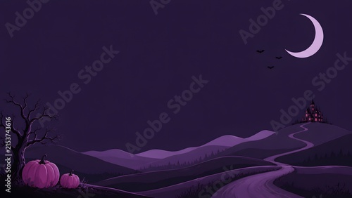 A spooky halloween night landscape featuring a glowing crescent moon over dark rolling hills and bare autumn trees