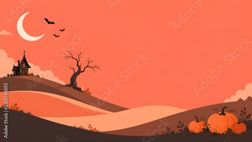 A spooky halloween landscape illustration featuring a haunted house a crescent moon bats and pumpkins on a dark hill