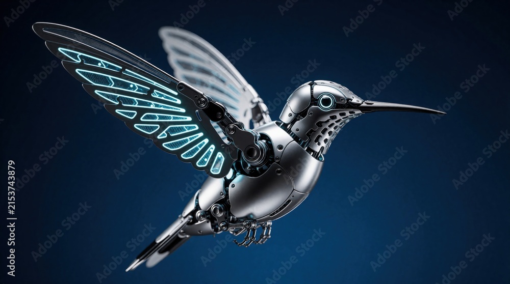 Fototapeta premium Silver robotic hummingbird flies in mid air. Mechanical bird with metal wings, blue glowing tech lights. Cybernetic avian creature with steel body, futuristic design glides against dark blue