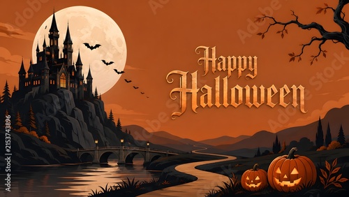 Happy halloween greeting card with a spooky haunted castle silhouette under a full moon and carved jack o lanterns