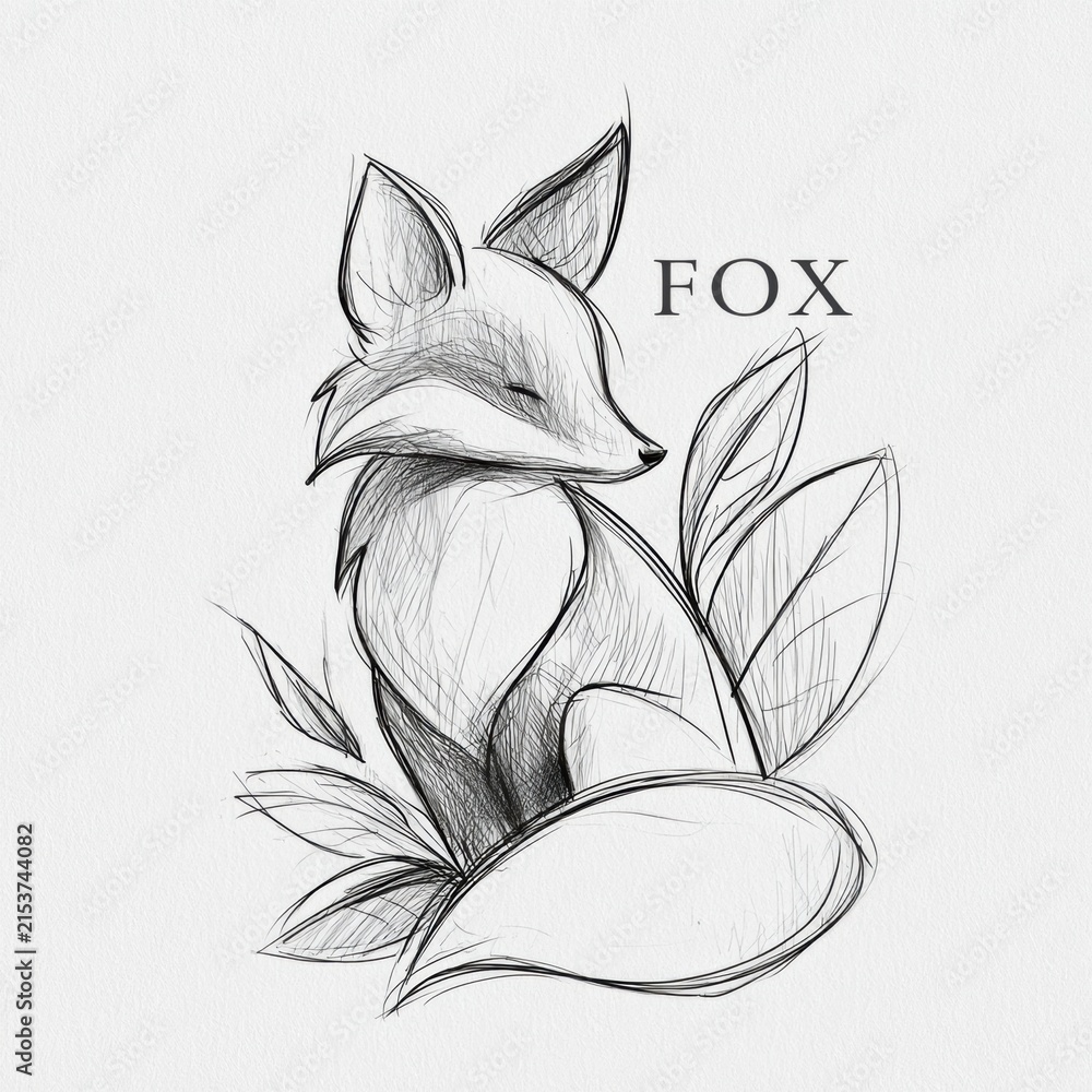 Naklejka premium A hand-drawn sketch shows a fox resting among leaf scribbles. This artwork captures a simple and charming scene.