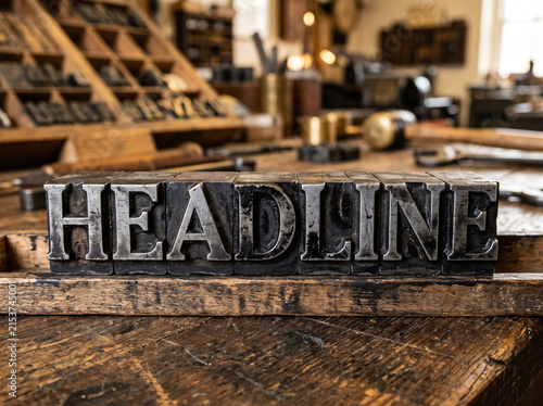 Vintage Metal Printing Typesetting Blocks Spelling Headline