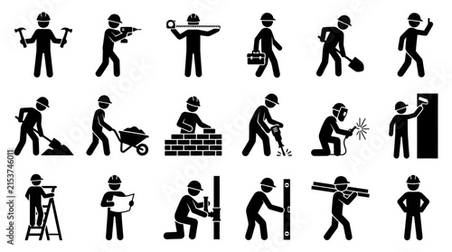 Construction worker icons set, manual labor and building industry professional silhouettes