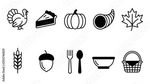 Minimalist thanksgiving holiday icon set with turkey, pumpkin, cornucopia, and harvest symbols