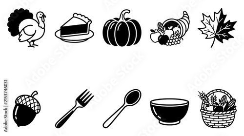Collection of autumn thanksgiving icons with turkey, pumpkin, pie, and harvest basket elements