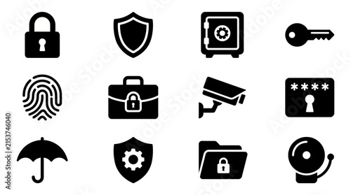 Security and protection icon set featuring padlock, shield, fingerprint, and surveillance camera