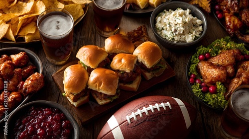 Thanksgiving football party spread with sliders, wings, and beer