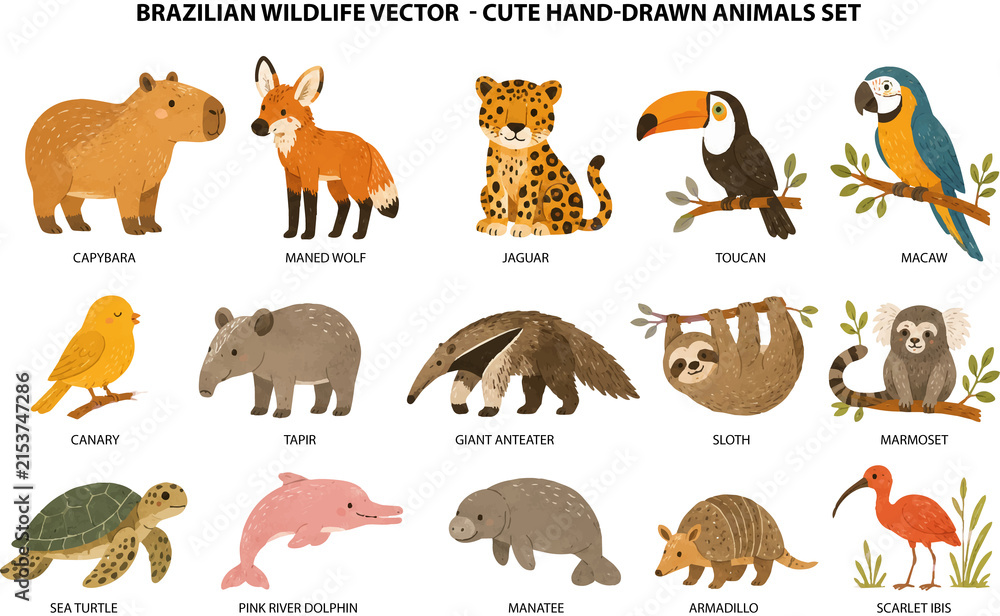 Obraz premium Cute Brazilian Wildlife Animals – Hand-Drawn Fauna Illustration Set