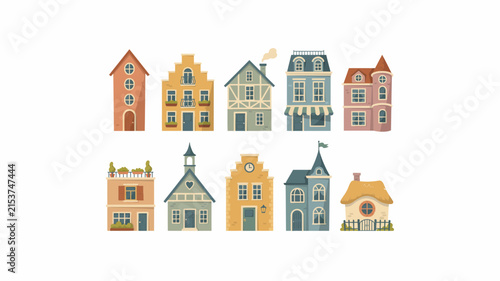 A collection of colorful flat vector illustrations featuring diverse european style townhouses and charming residential buildings isolated on a clean white background design