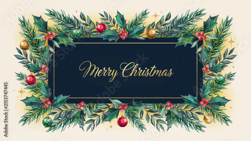 A festive watercolor christmas card design featuring a decorative frame of pine branches holly berries and colorful ornaments with gold merry christmas text